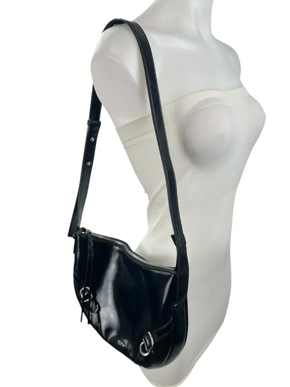 La Festin Black Leather Buckle Shoulder Crossbody Hobo Crescent Purse Handbag OS